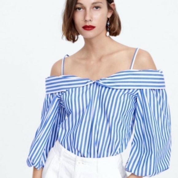 ZARA Blue and White Stripe Off Shoulder Top with Collar SZ XS coastal preppy - Picture 1 of 5